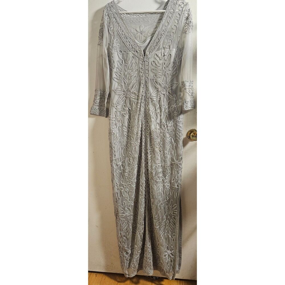 JS Collections Silver Gray Women's Illusion Soutache Embroidered Gown Sz. Small